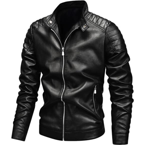 Leather Jacket Men Black Slim Black01 - Picture 2 of 6